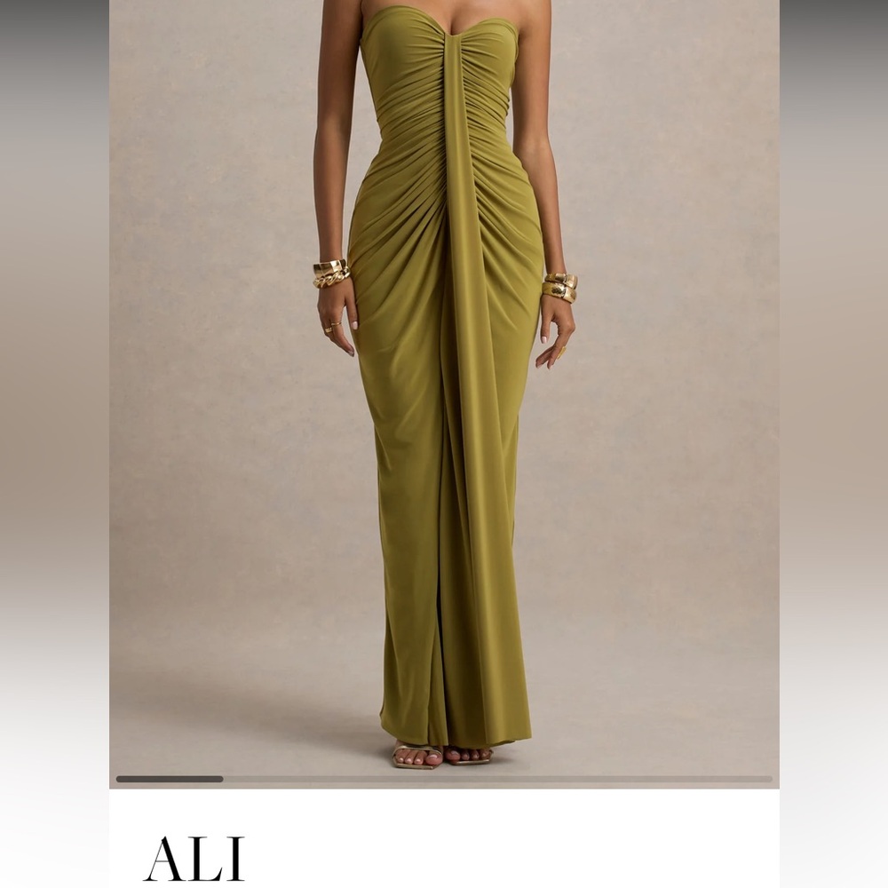 Club L London Olive Green Strapless Ruched Maxi Dress